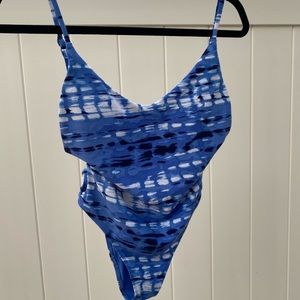 Aerie, one piece bathing suit, blue, white, and black.